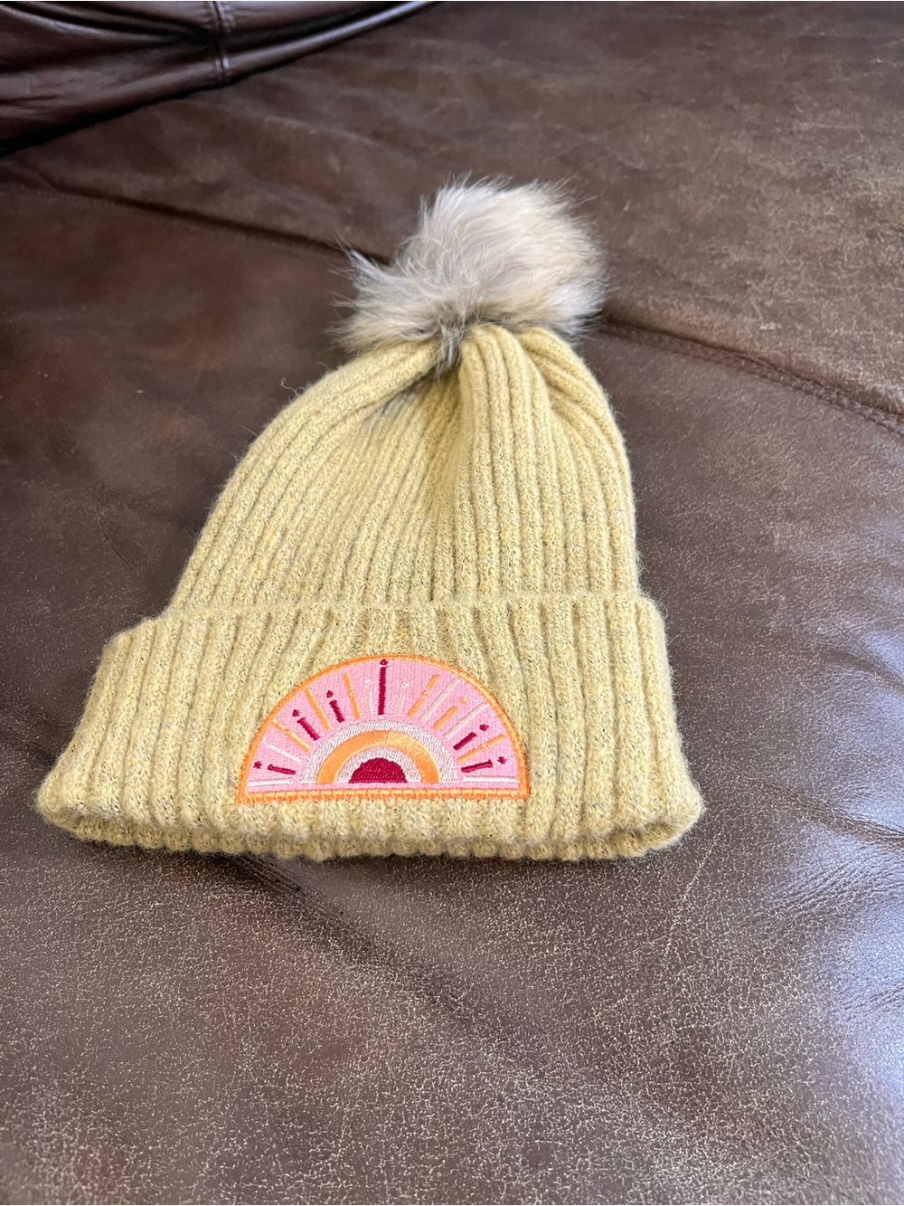 Pom Pom Beanie Hat with Rainbow Patch - Mustard
